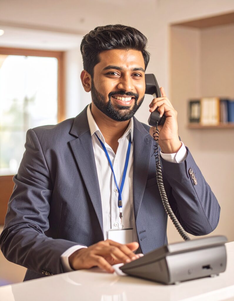 firefly contact us image for website; indian receptionist speaking through wired phone 117351